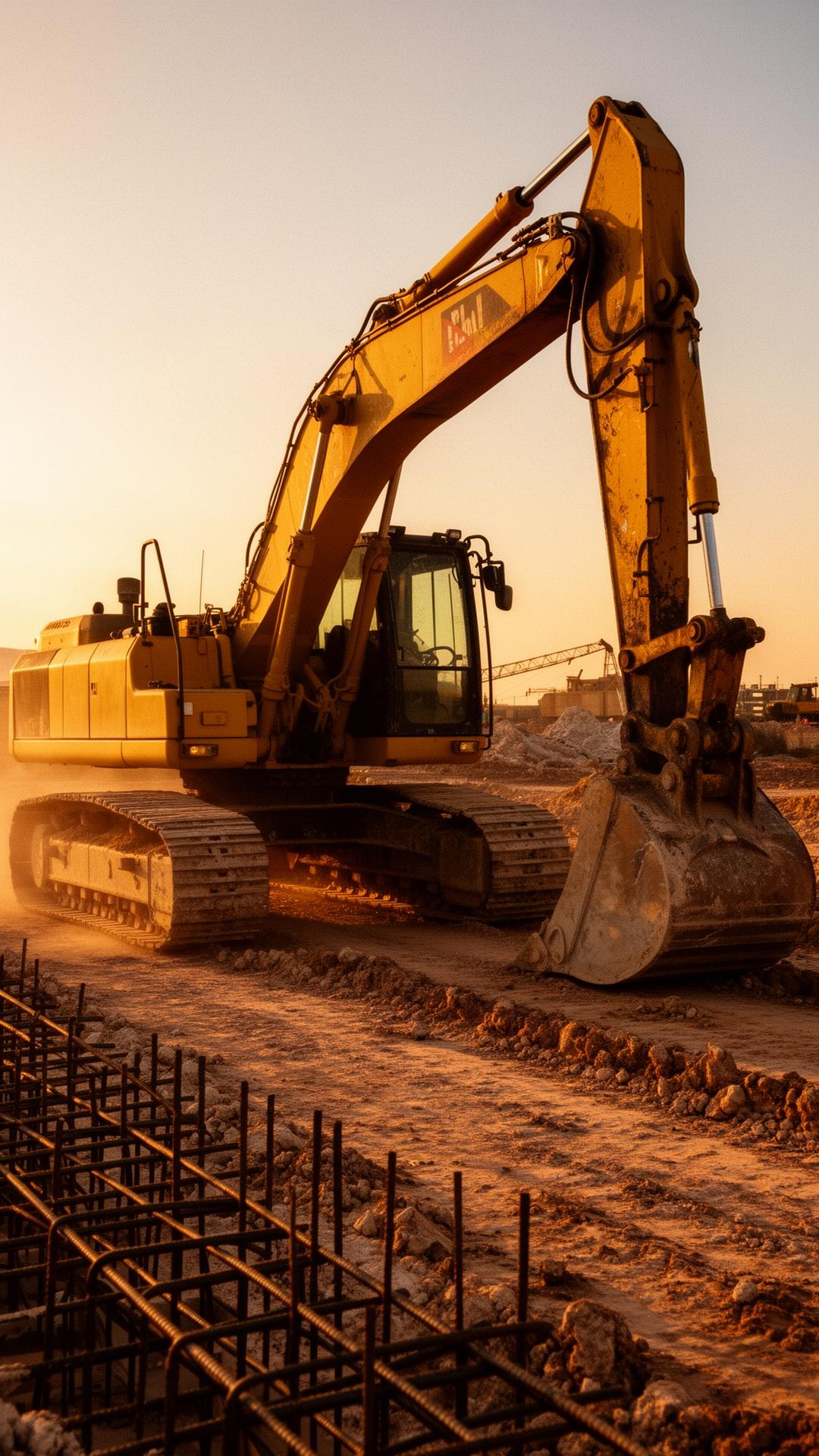 J&J Building Solutions excavator working a South Texas job site at golden hour
